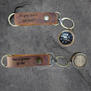 Personalized Leather Compass Keychain, Custom Keychain with Working Compass