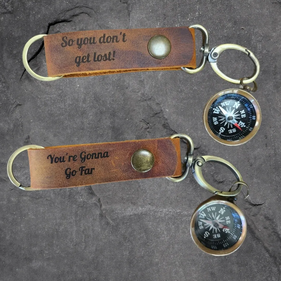 Personalized Leather Compass Keychain, Custom Keychain with Working Compass
