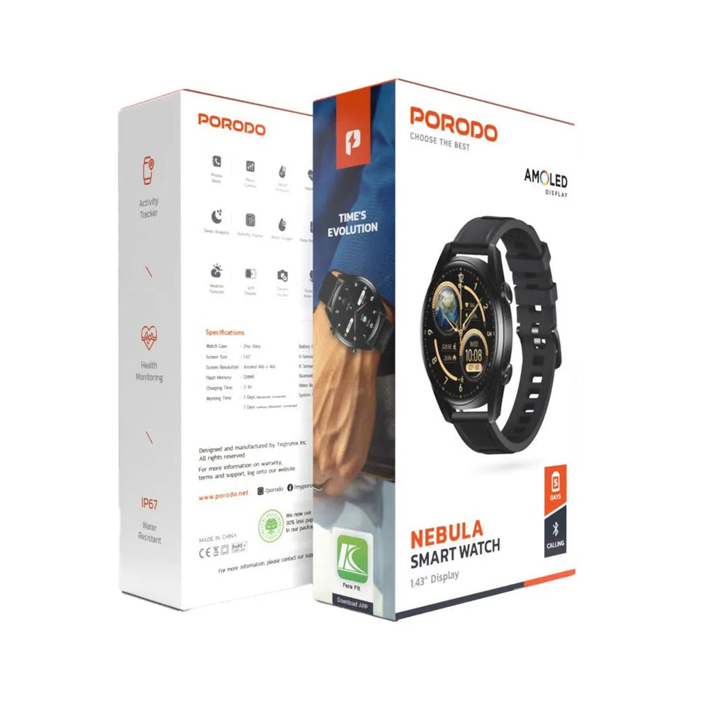 Porodo NEBULA PD-NEBULA-BK Smart Watch Black Case With Black Silicone Strap