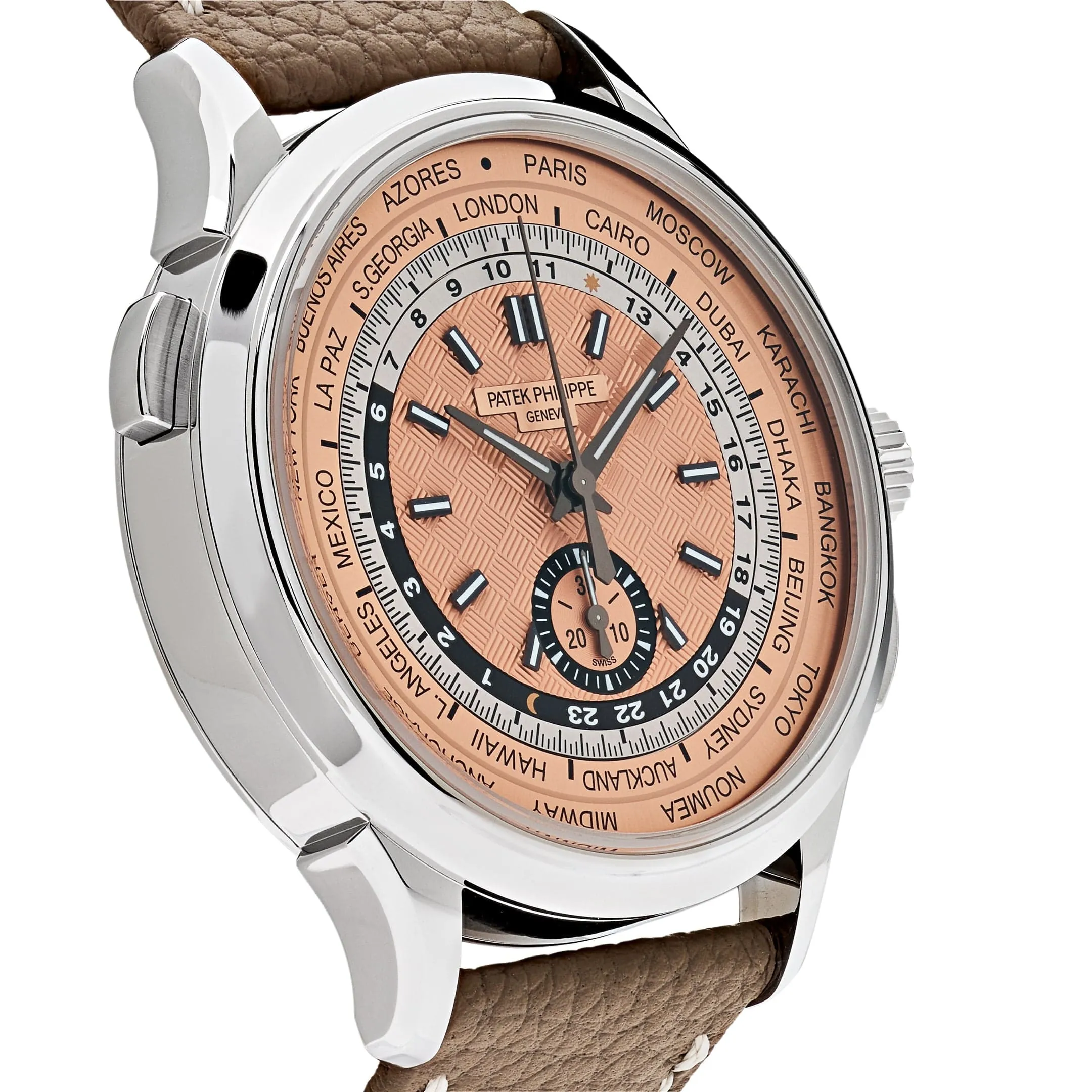 PP Luxury Watches Complications 5935A-001 World Time Chronograph Steel Opaline Carbon Motif Dial