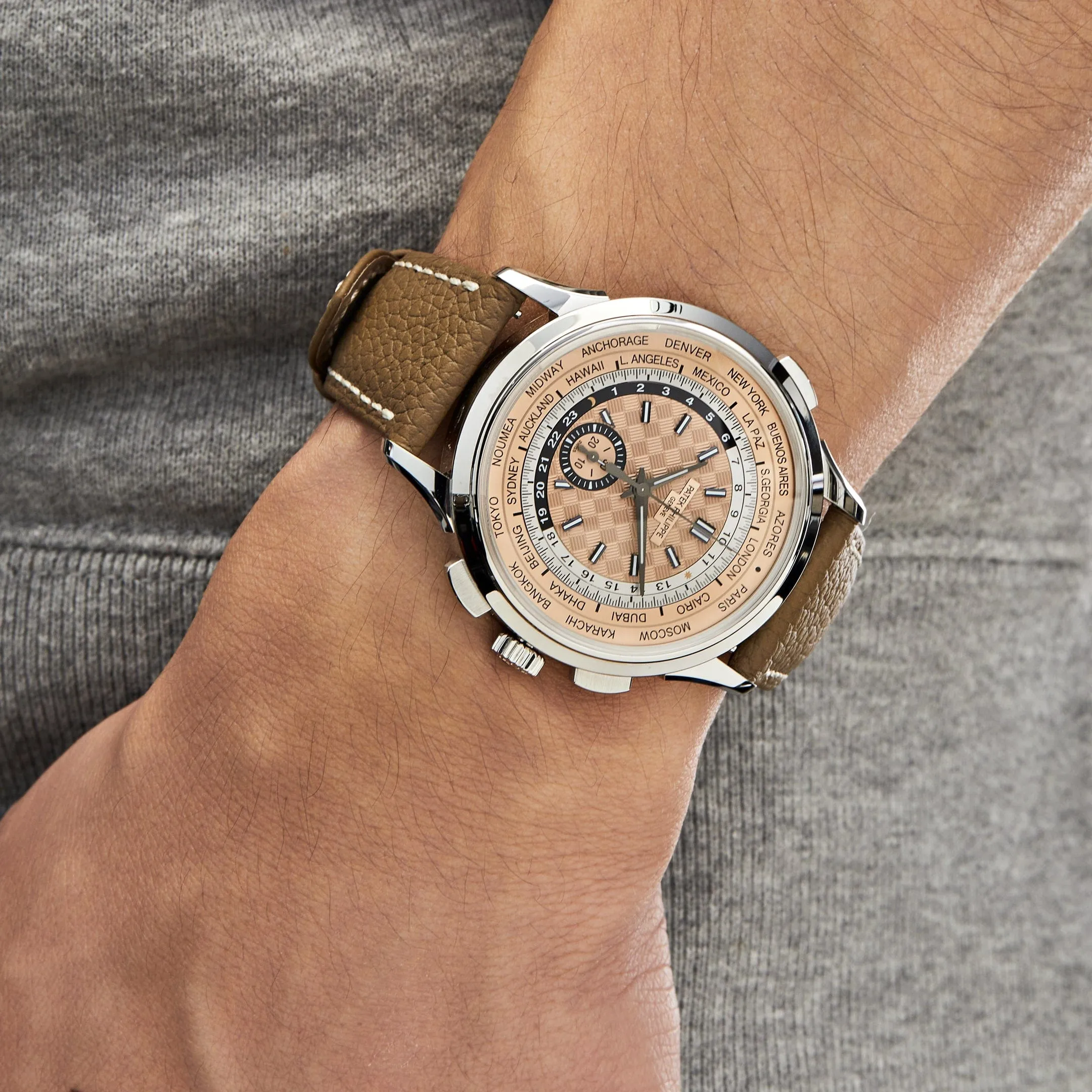 PP Luxury Watches Complications 5935A-001 World Time Chronograph Steel Opaline Carbon Motif Dial