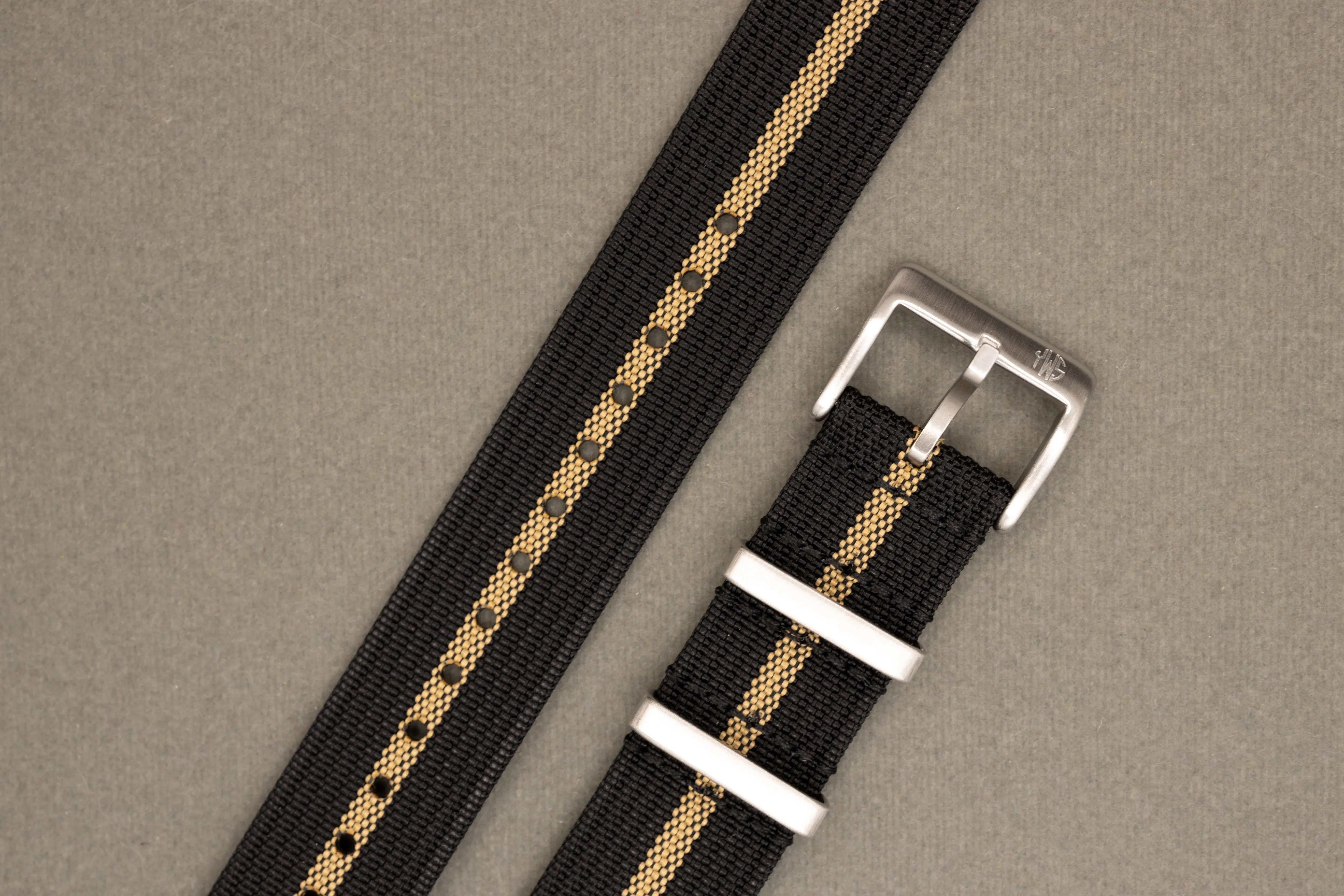 Premium Nylon Braided Ribbed Single Pass Watch Strap - Black Khaki