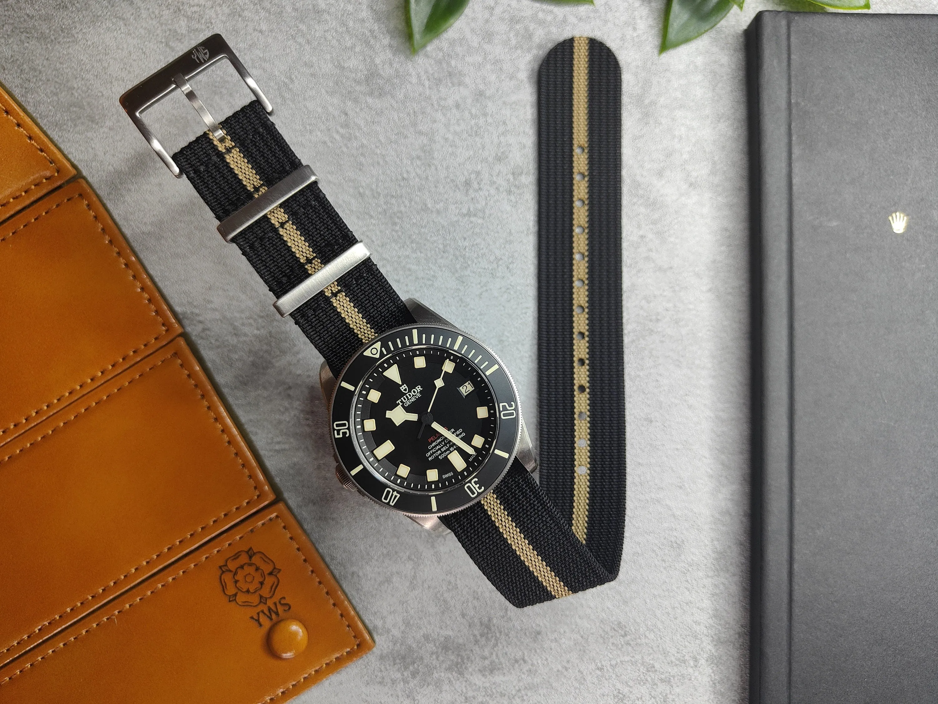 Premium Nylon Braided Ribbed Single Pass Watch Strap - Black Khaki