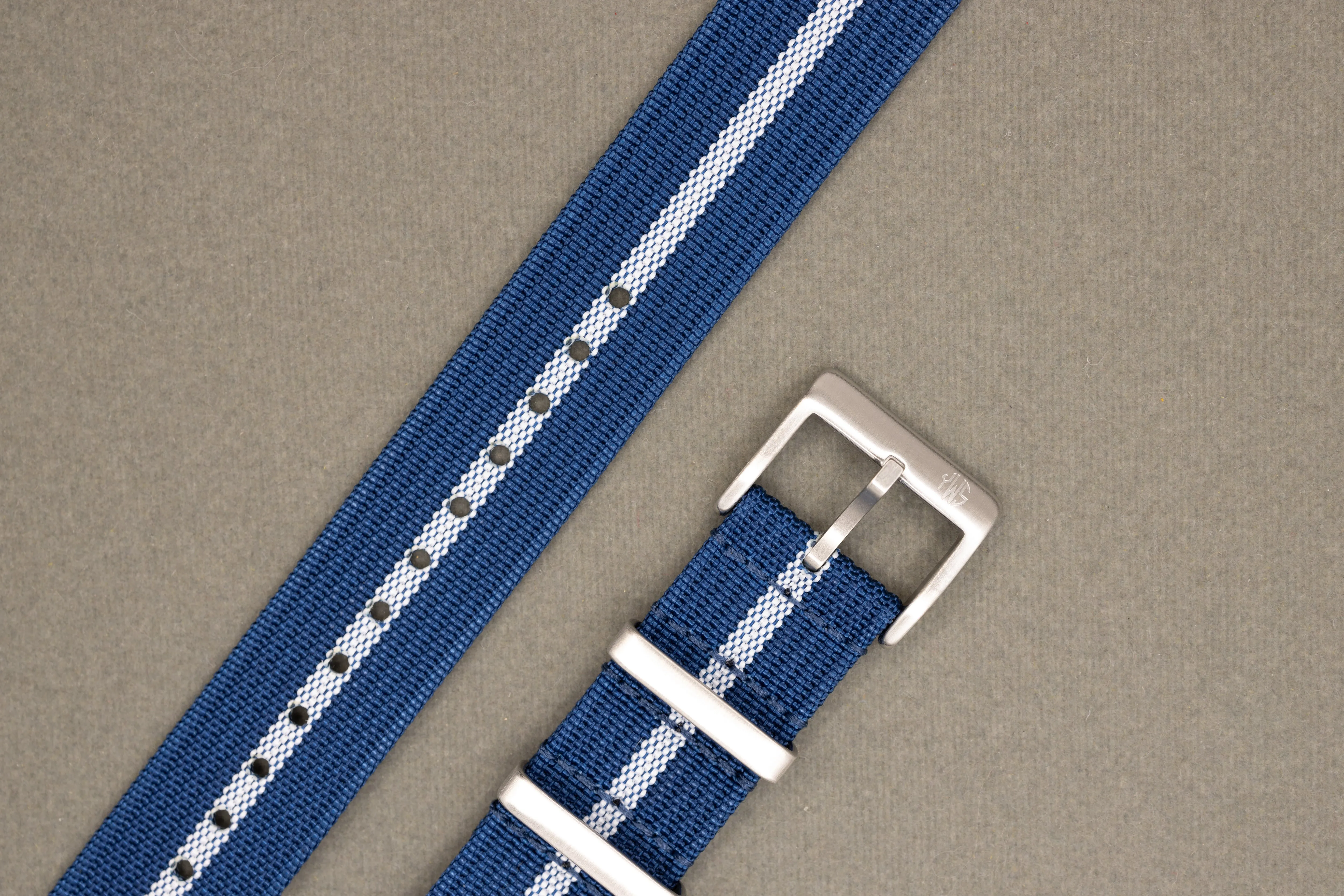 Premium Nylon Braided Ribbed Single Pass Watch Strap - Navy Blue Silver