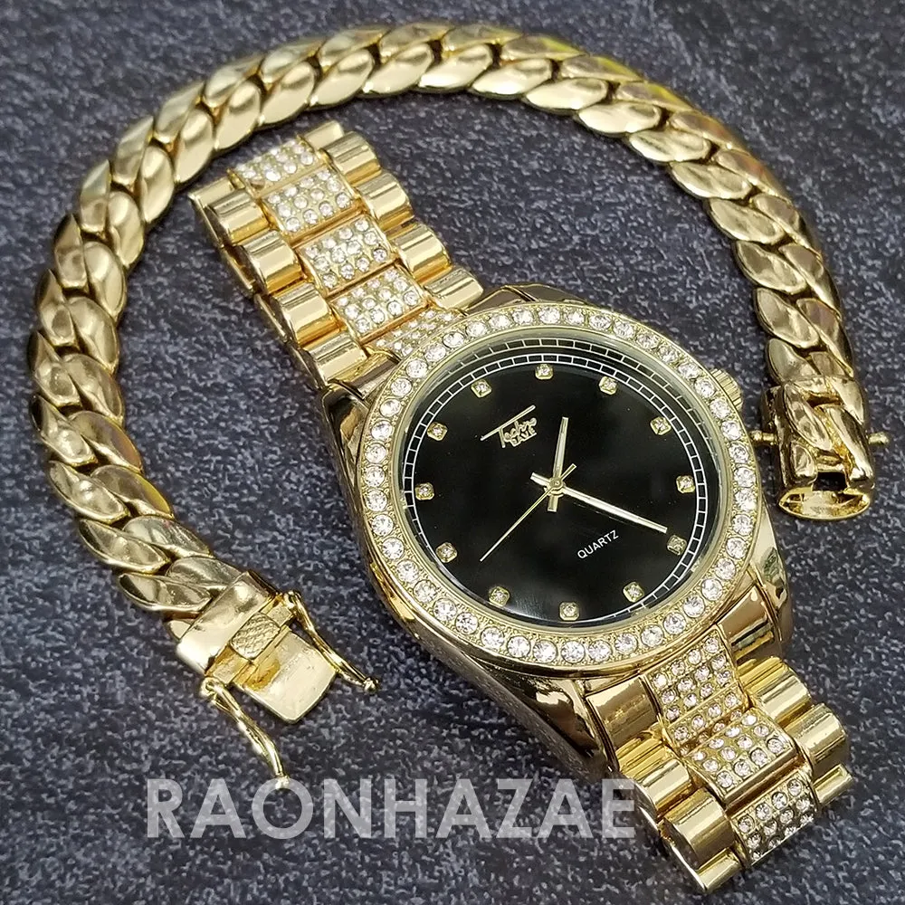 Raonhazae Hip Hop Iced Lab Diamond Black Face Drake 14K Gold Plated Watch with Miami Cuban Chain Set - GTX004