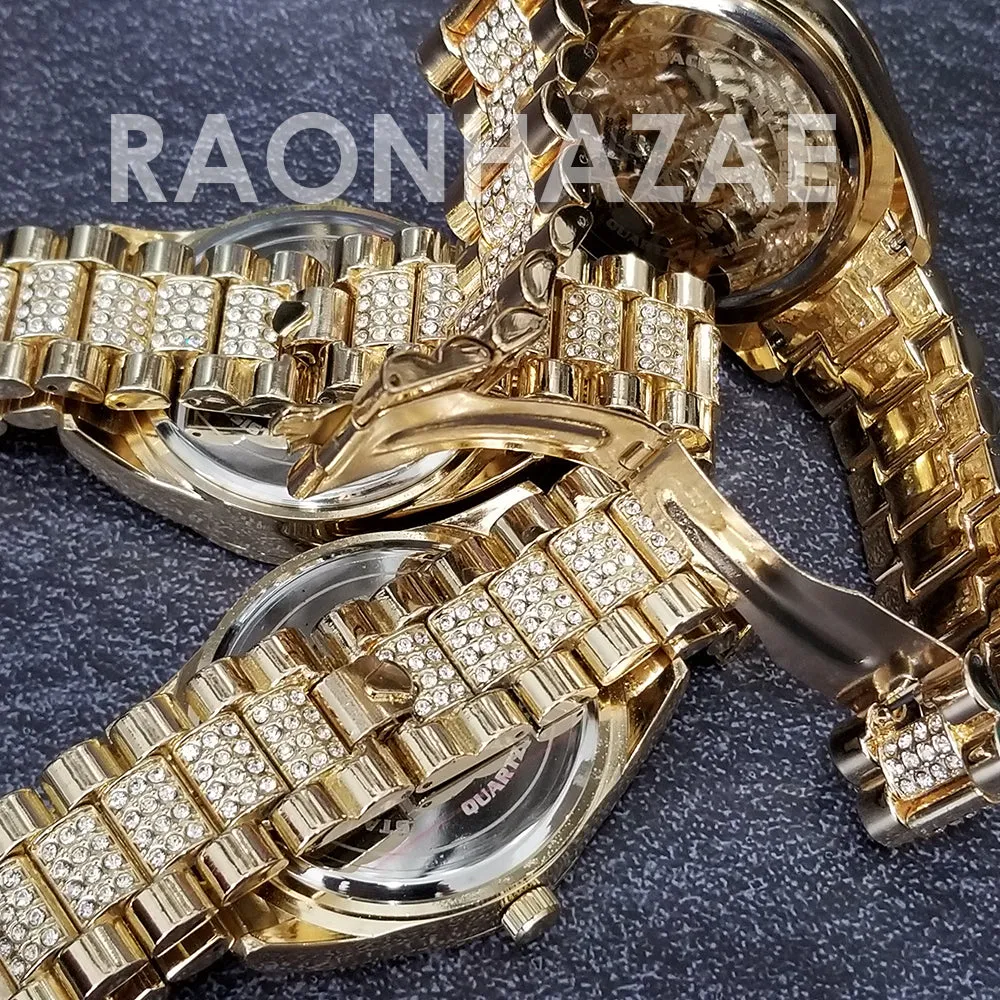 Raonhazae Hip Hop Iced Lab Diamond Black Face Drake 14K Gold Plated Watch with Miami Cuban Chain Set - GTX004