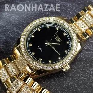 Raonhazae Hip Hop Iced Lab Diamond Black Face Drake 14K Gold Plated Watch with Miami Cuban Chain Set - GTX004