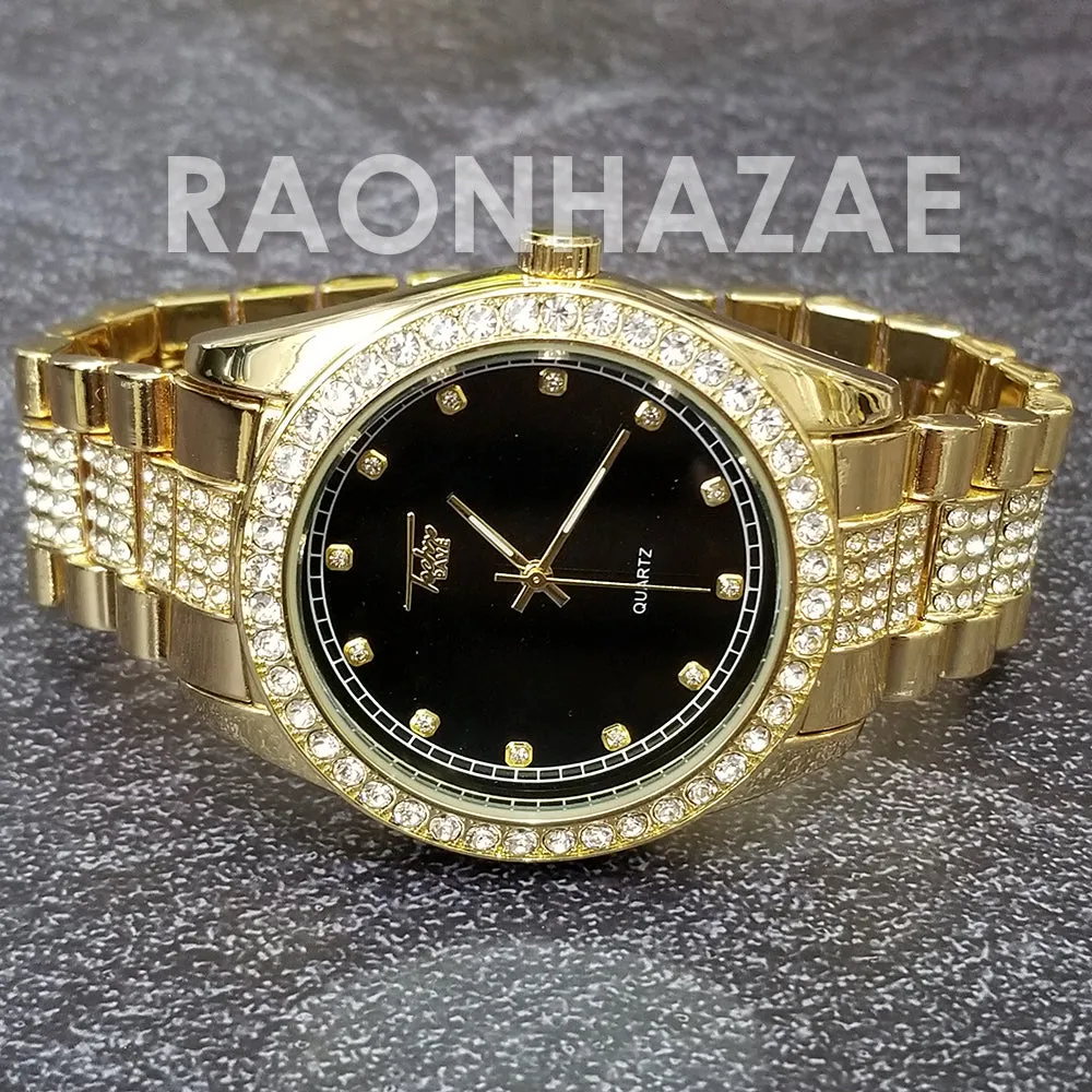 Raonhazae Hip Hop Iced Lab Diamond Black Face Drake 14K Gold Plated Watch with Miami Cuban Chain Set - GTX004