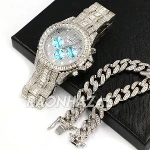 Raonhazae Hip Hop Iced Lab Diamond White Gold Watch Cuban Link Bracelet Set