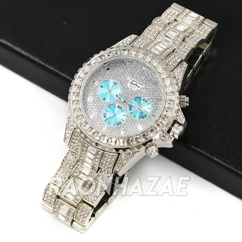 Raonhazae Hip Hop Iced Lab Diamond White Gold Watch Cuban Link Bracelet Set