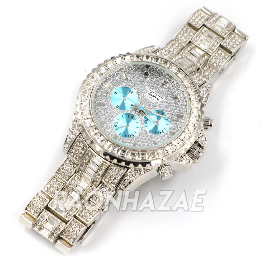 Raonhazae Hip Hop Iced Lab Diamond White Gold Watch Cuban Link Bracelet Set
