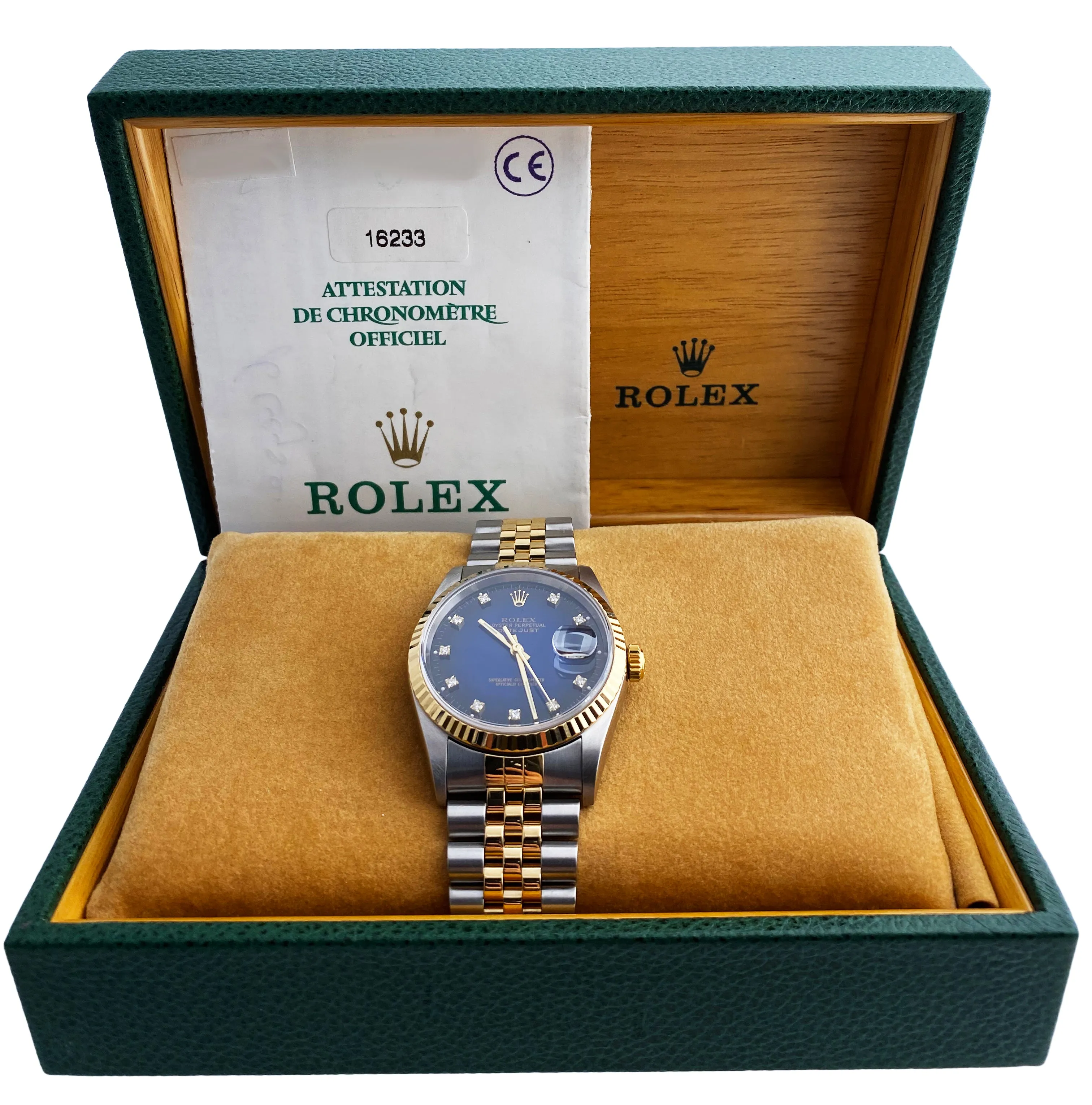 Rolex Datejust 16233 Diamond Blue Vignette Dial Mens Watch Box & Papers