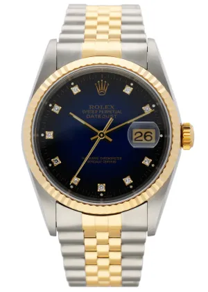 Rolex Datejust 16233 Diamond Blue Vignette Dial Mens Watch Box & Papers