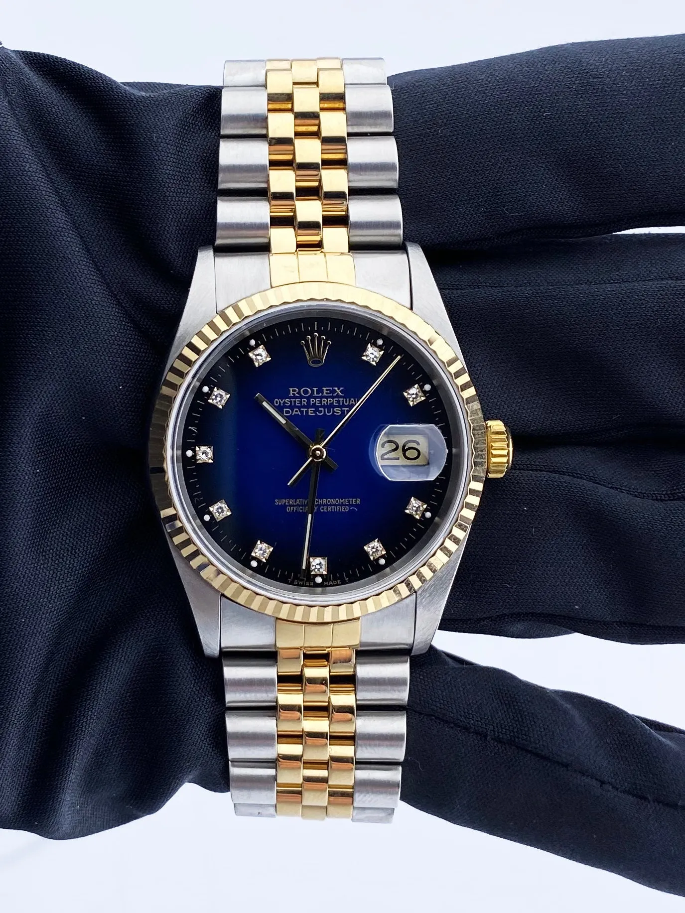 Rolex Datejust 16233 Diamond Blue Vignette Dial Mens Watch Box & Papers