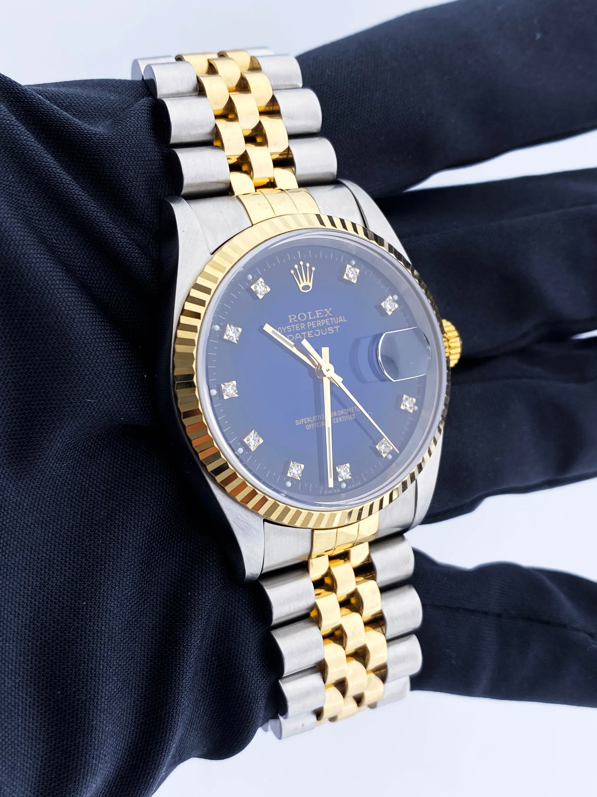 Rolex Datejust 16233 Diamond Blue Vignette Dial Mens Watch Box & Papers