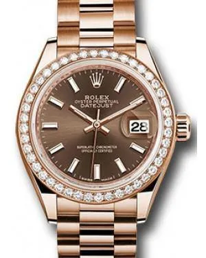 Rolex Datejust 28MM 279135 Chocolate Index Diamond Bezel Rose Gold President - NEW