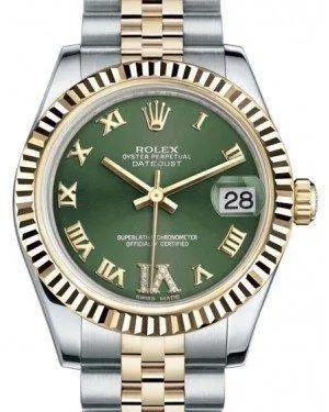 Rolex Datejust 31 Lady Midsize Yellow Gold/Steel Olive Green Roman Diamond VI Dial & Fluted Bezel Jubilee Bracelet 178273