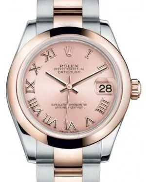 Rolex Datejust 31MM Lady Midsize Rose Gold/Steel Pink Roman Dial & Smooth Domed Bezel Oyster Bracelet 178241 - NEW