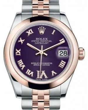 Rolex Datejust 31MM Lady Midsize Rose Gold/Steel Purple Roman Diamond VI Dial & Smooth Domed Bezel Jubilee Bracelet 178241 - NEW