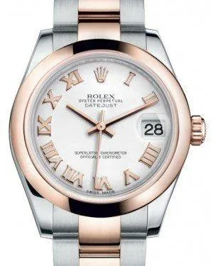 Rolex Datejust 31MM Lady Midsize Rose Gold/Steel White Roman Dial & Smooth Domed Bezel Oyster Bracelet 178241 - NEW