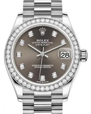 Rolex Datejust 31MM Lady Midsize White Gold Dark Grey Diamond Dial & Diamond Bezel President Bracelet 278289RBR - NEW