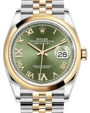 Rolex Datejust 36 Yellow Gold/Steel Olive Green Roman Diamond VI Dial & Smooth Domed Bezel Jubilee Bracelet 126203