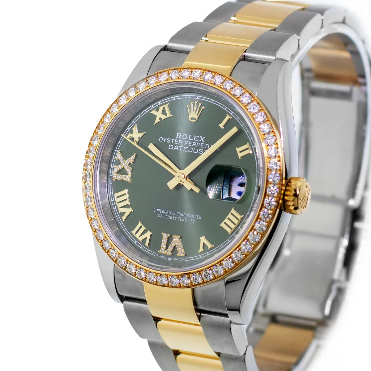 Rolex Datejust 36mm Yellow Gold & Steel Olive Green Roman Dial & Diamond Bezel 126283RBR