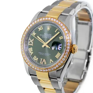 Rolex Datejust 36mm Yellow Gold & Steel Olive Green Roman Dial & Diamond Bezel 126283RBR