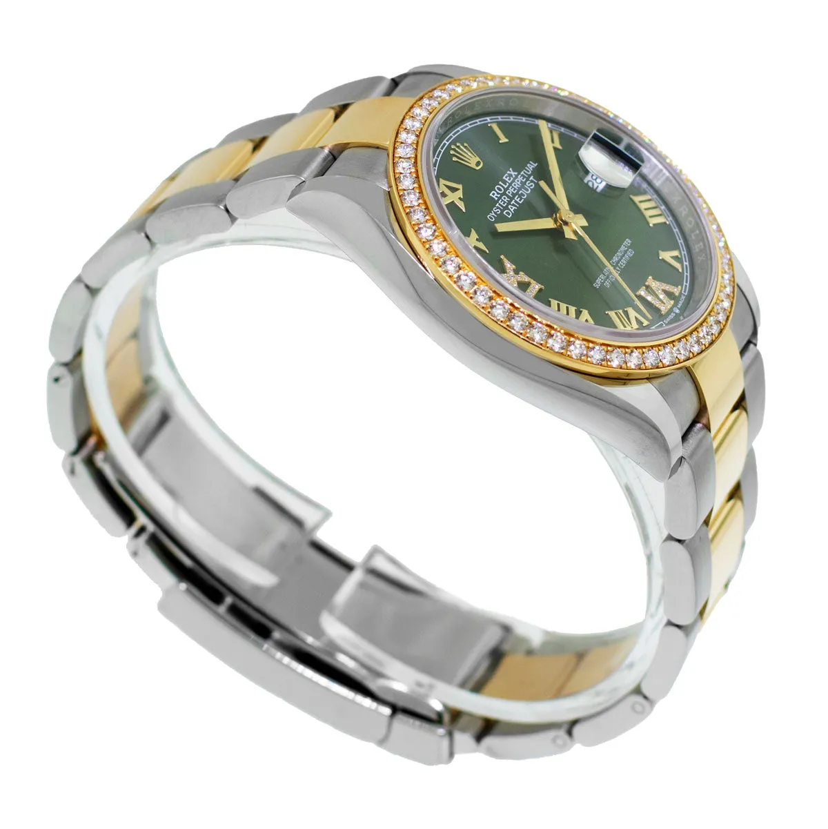 Rolex Datejust 36mm Yellow Gold & Steel Olive Green Roman Dial & Diamond Bezel 126283RBR