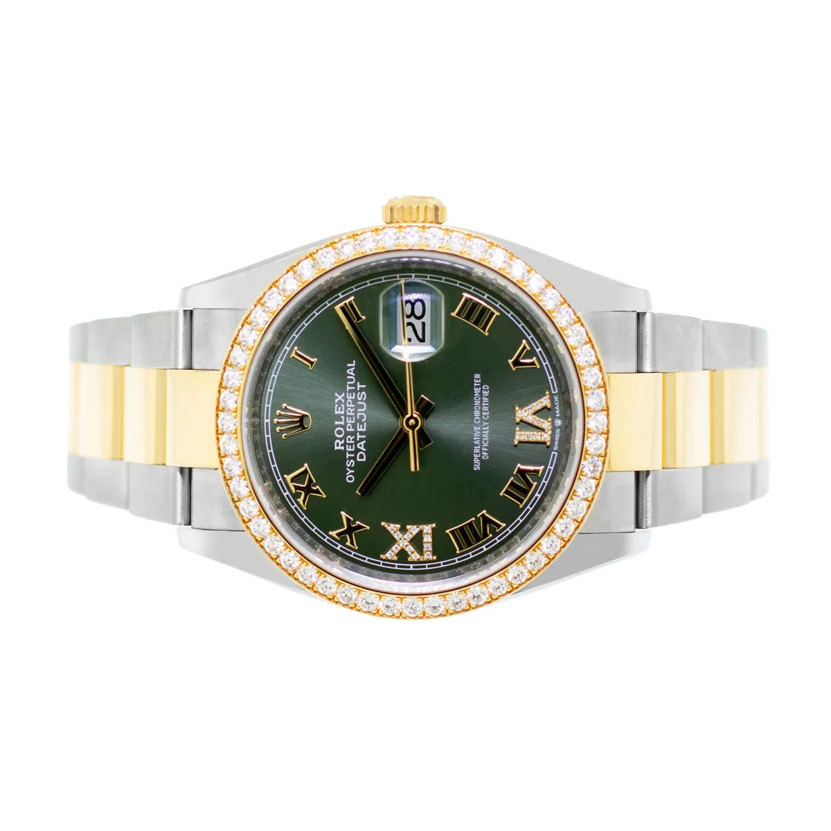 Rolex Datejust 36mm Yellow Gold & Steel Olive Green Roman Dial & Diamond Bezel 126283RBR