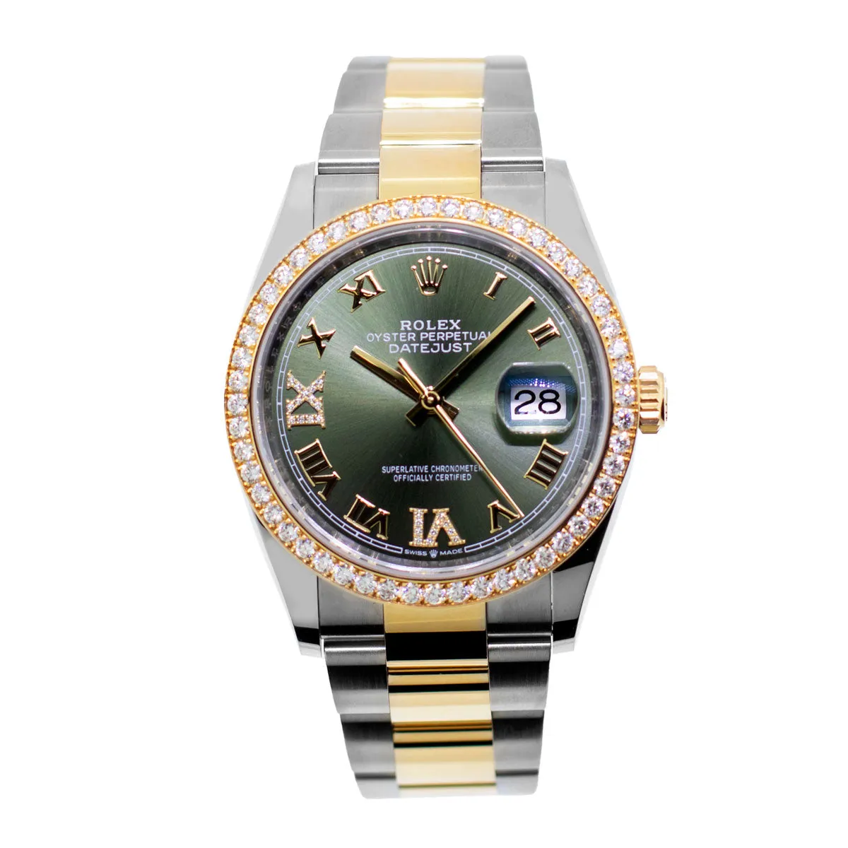 Rolex Datejust 36mm Yellow Gold & Steel Olive Green Roman Dial & Diamond Bezel 126283RBR