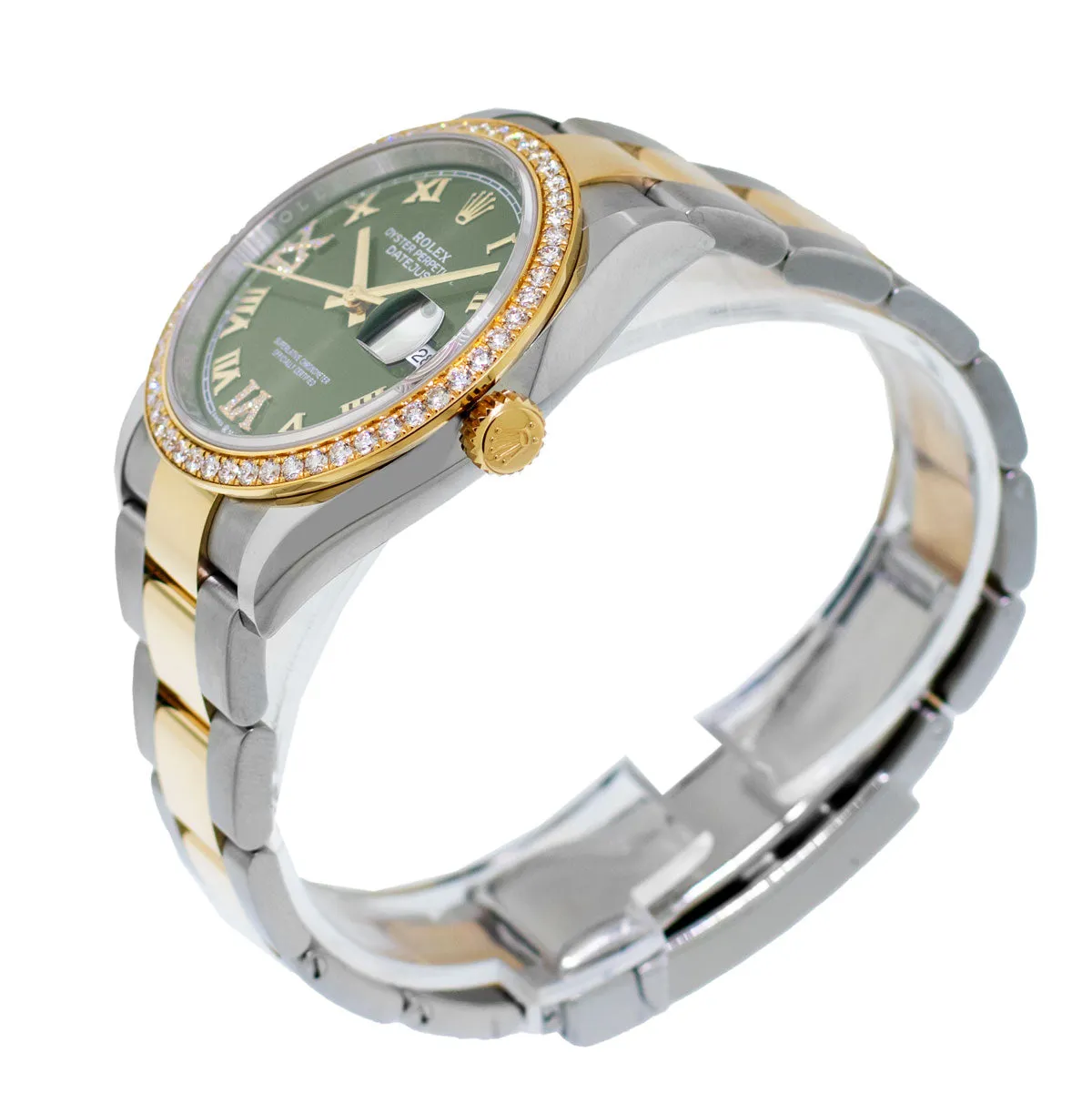 Rolex Datejust 36mm Yellow Gold & Steel Olive Green Roman Dial & Diamond Bezel 126283RBR