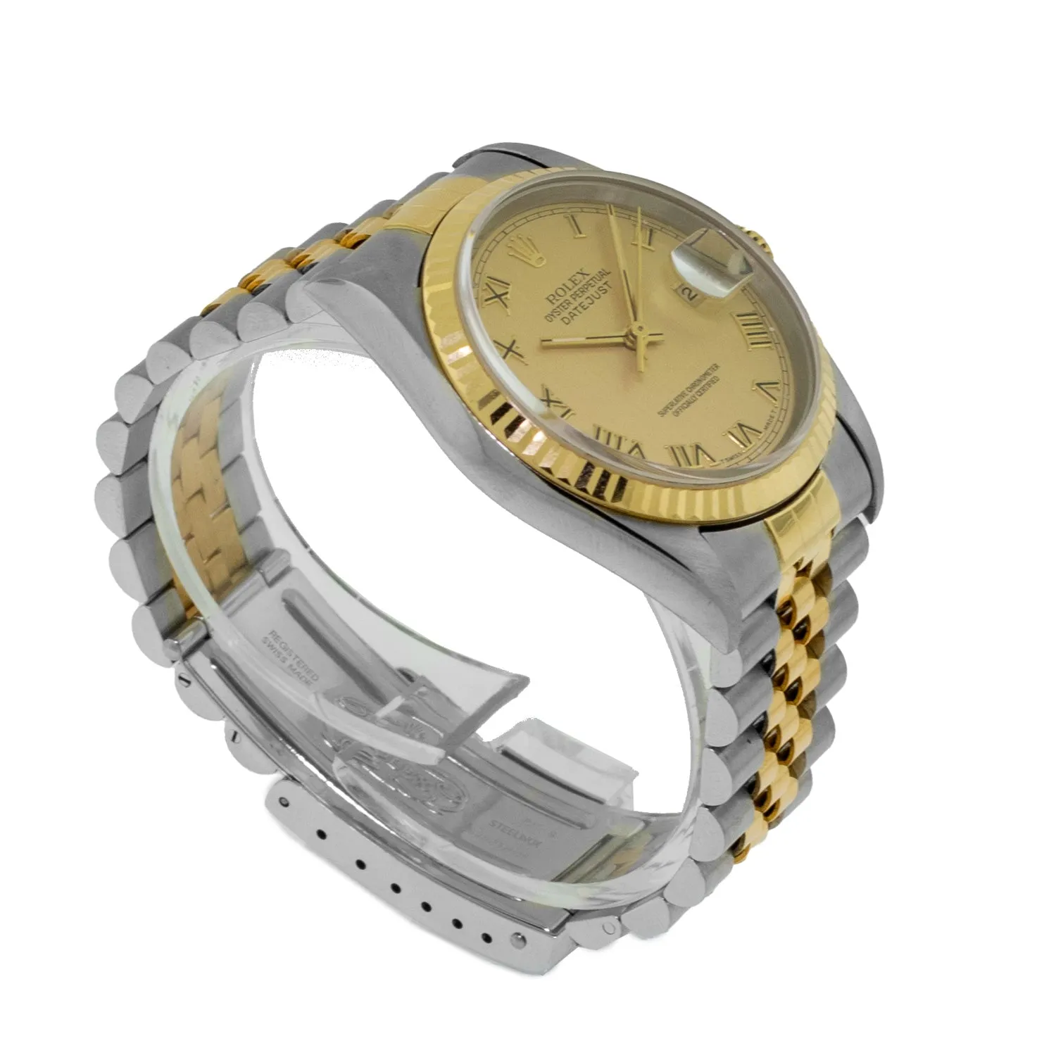 Rolex Datejust 36mm Yellow Gold Steel Champagne Roman Dial Fluted Bezel 16233