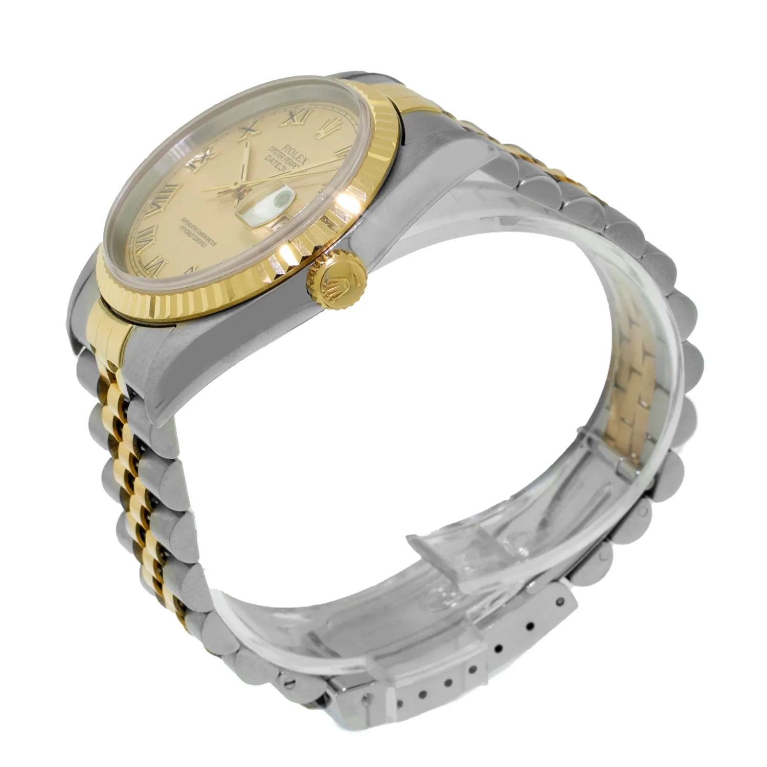 Rolex Datejust 36mm Yellow Gold Steel Champagne Roman Dial Fluted Bezel 16233