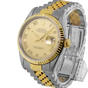 Rolex Datejust 36mm Yellow Gold Steel Champagne Roman Dial Fluted Bezel 16233
