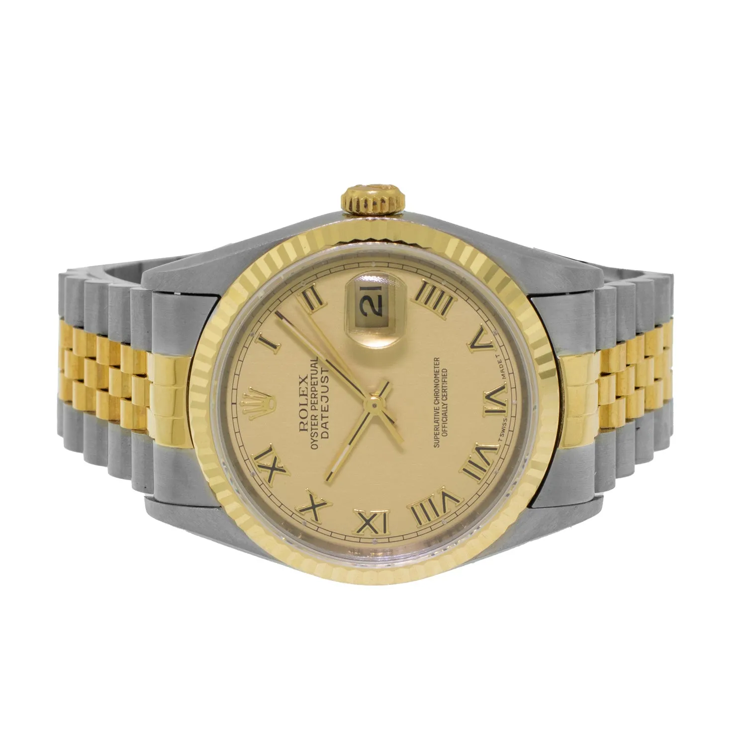 Rolex Datejust 36mm Yellow Gold Steel Champagne Roman Dial Fluted Bezel 16233