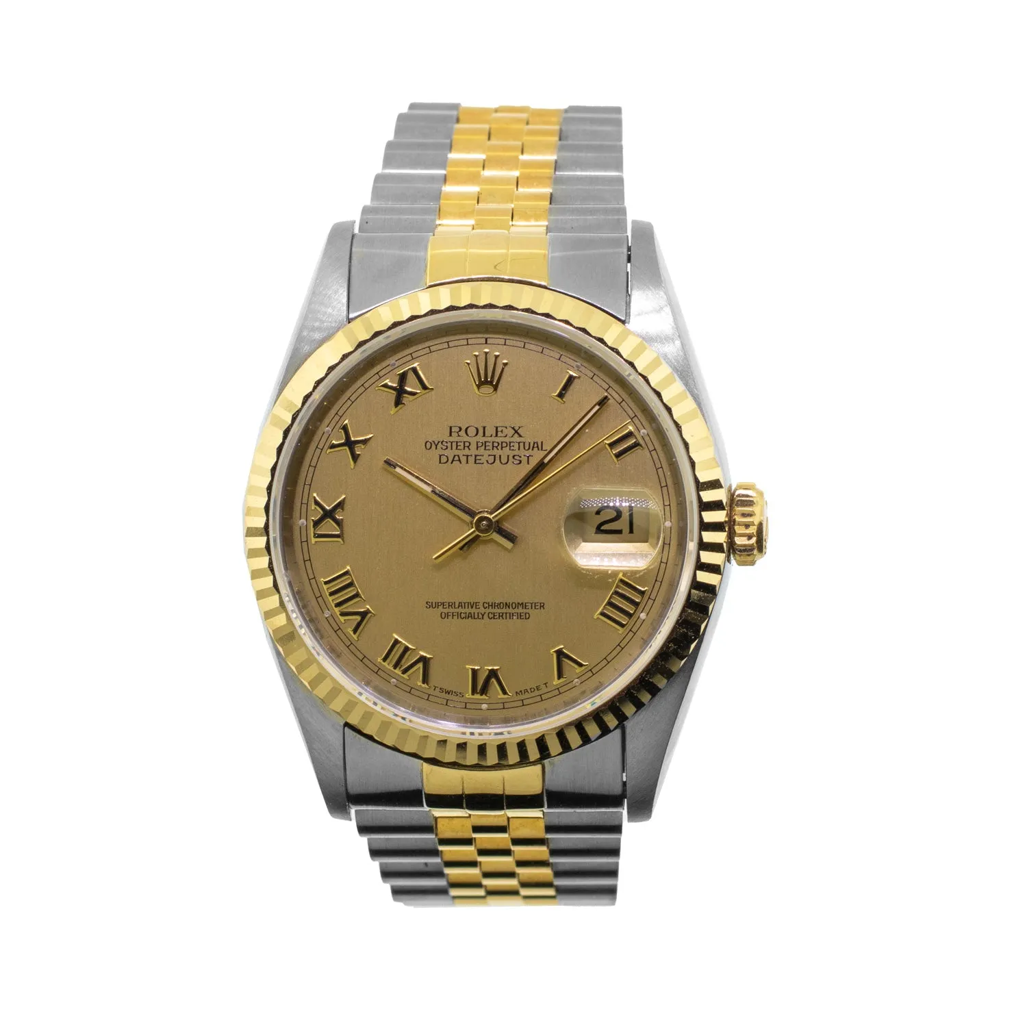 Rolex Datejust 36mm Yellow Gold Steel Champagne Roman Dial Fluted Bezel 16233