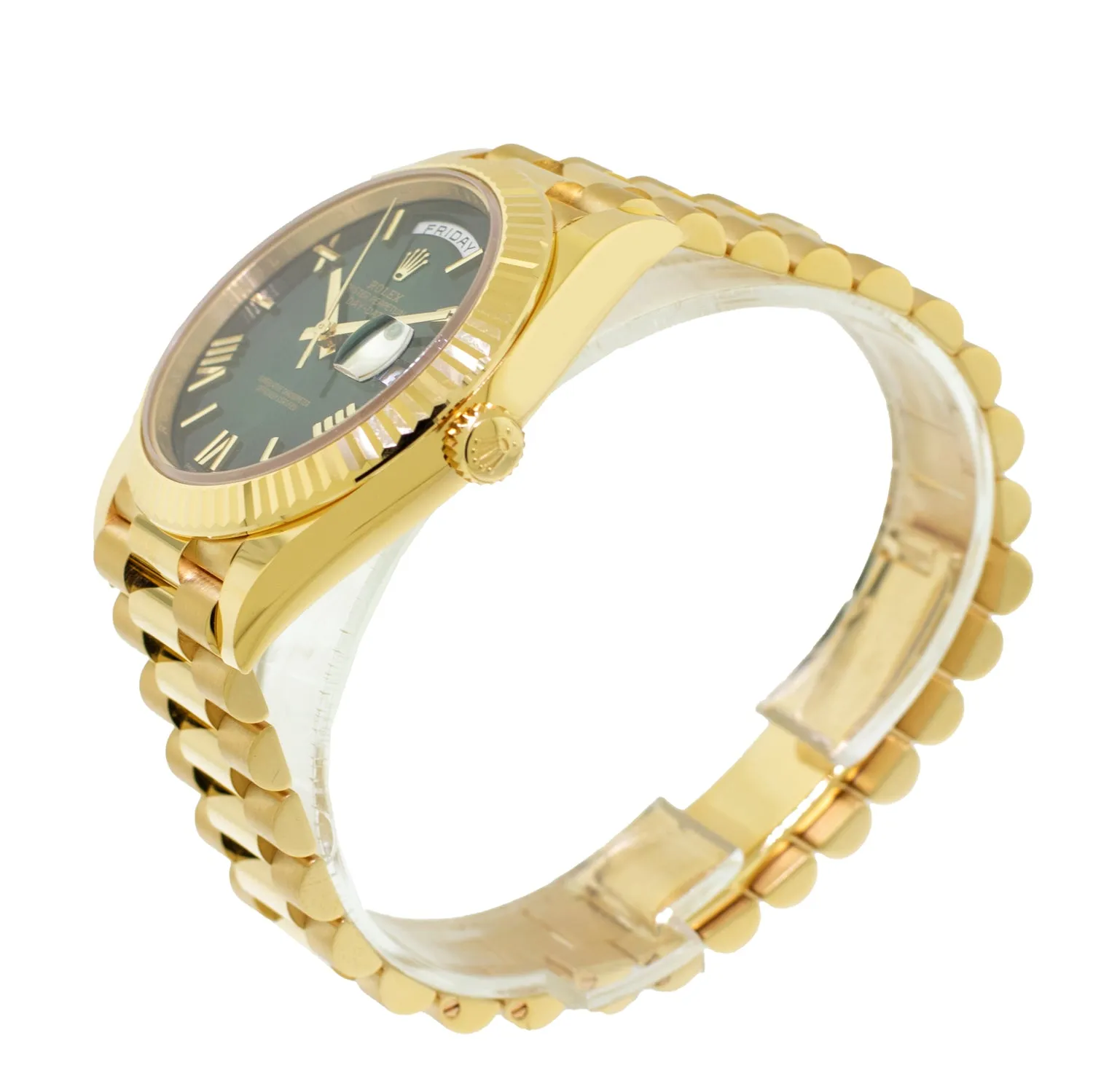 Rolex Day-Date 40mm Yellow Gold Green Ombre Roman Dial & Fluted Bezel 228238