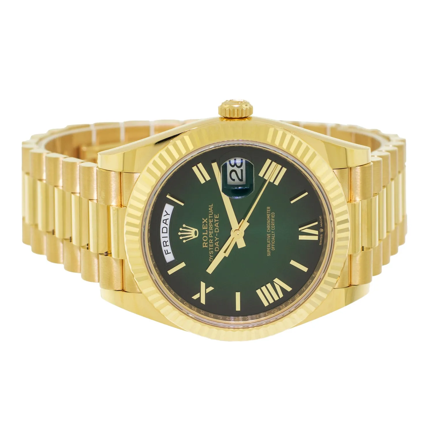 Rolex Day-Date 40mm Yellow Gold Green Ombre Roman Dial & Fluted Bezel 228238