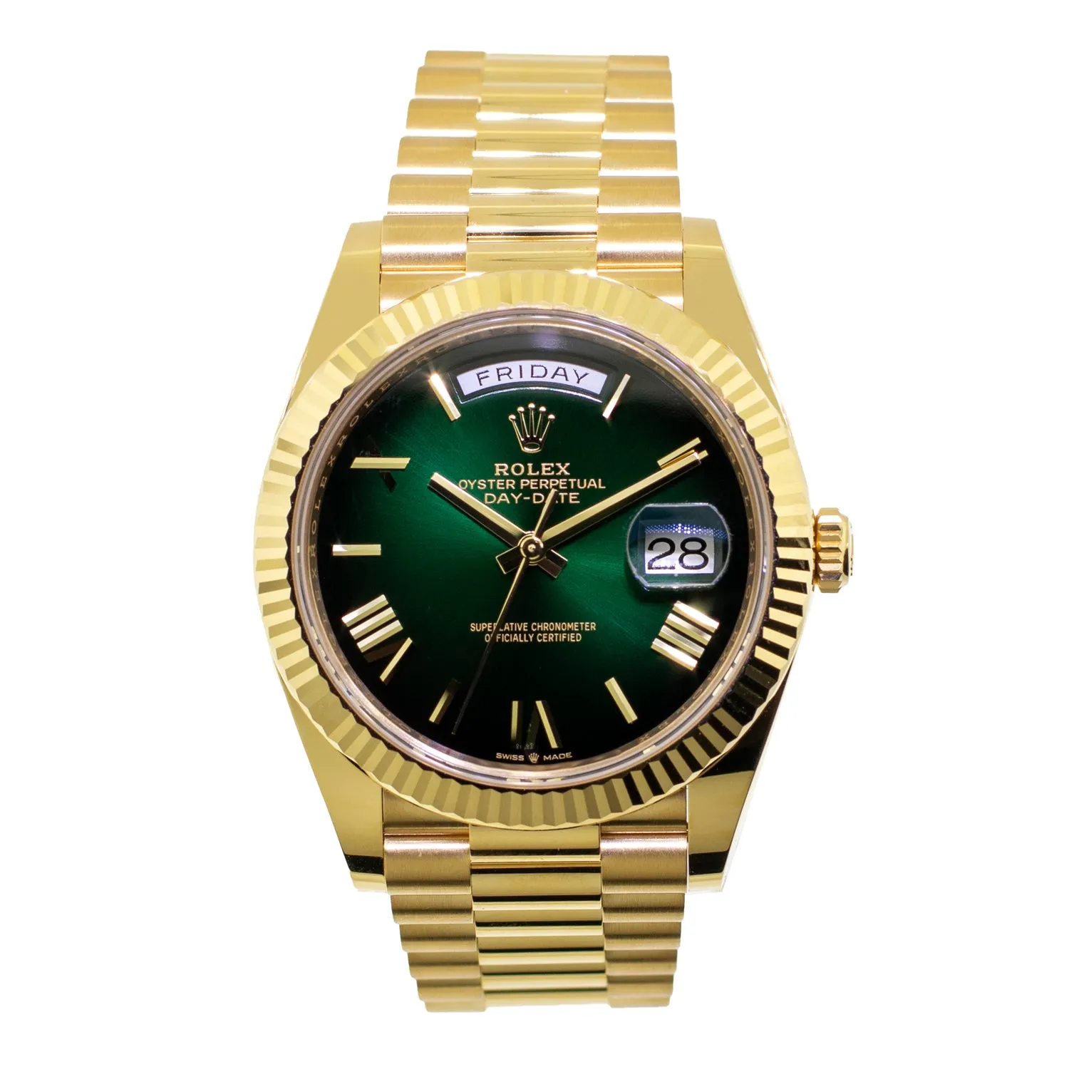 Rolex Day-Date 40mm Yellow Gold Green Ombre Roman Dial & Fluted Bezel 228238