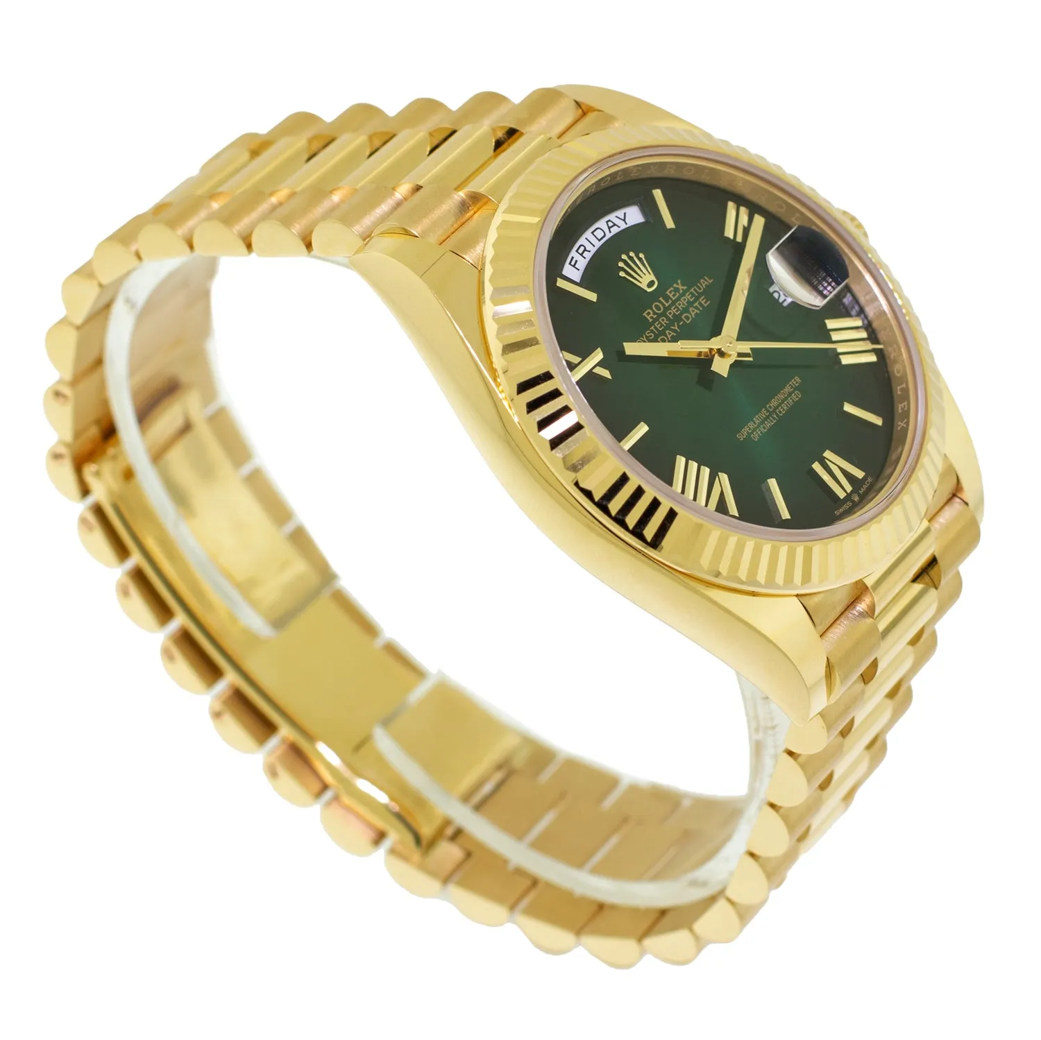 Rolex Day-Date 40mm Yellow Gold Green Ombre Roman Dial & Fluted Bezel 228238