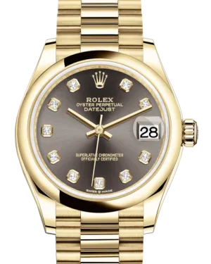 Rolex Lady-Datejust 31 Yellow Gold Dark Grey Diamond Dial & Smooth Domed Bezel President Bracelet 278248