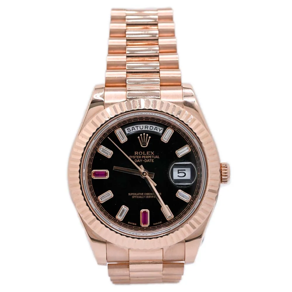 Rolex Mens Day-Date Everose Gold 40mm Black Baguette Diamond Dial Watch w/ Baguette Ruby 6 and 9 markers Fluted Bezel President Bracelet