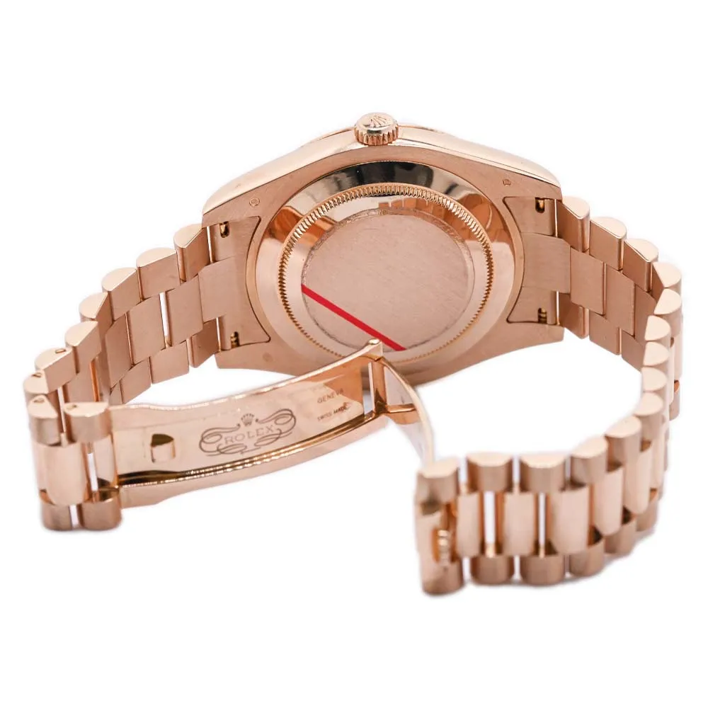 Rolex Mens Day-Date Everose Gold 40mm Black Baguette Diamond Dial Watch w/ Baguette Ruby 6 and 9 markers Fluted Bezel President Bracelet