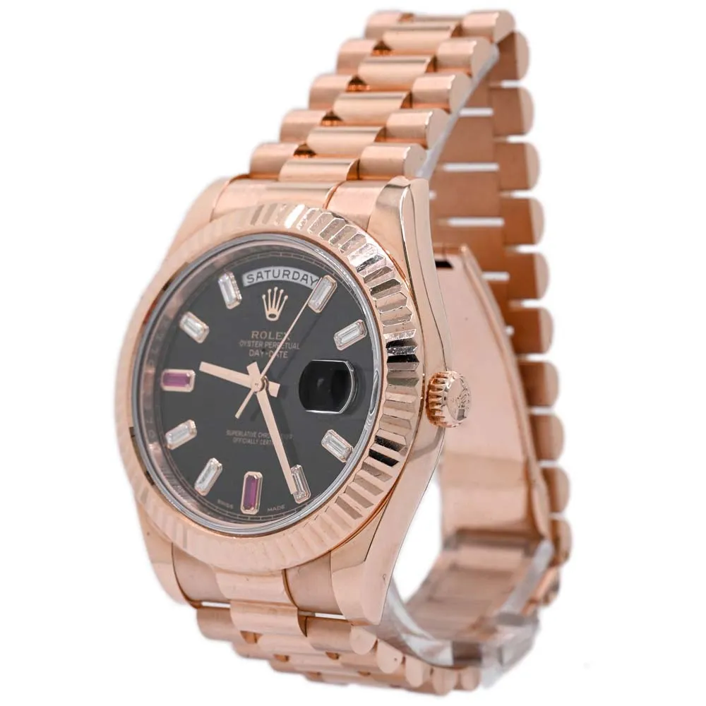 Rolex Mens Day-Date Everose Gold 40mm Black Baguette Diamond Dial Watch w/ Baguette Ruby 6 and 9 markers Fluted Bezel President Bracelet