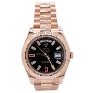 Rolex Mens Day-Date Everose Gold 40mm Black Baguette Diamond Dial Watch w/ Baguette Ruby 6 and 9 markers Fluted Bezel President Bracelet