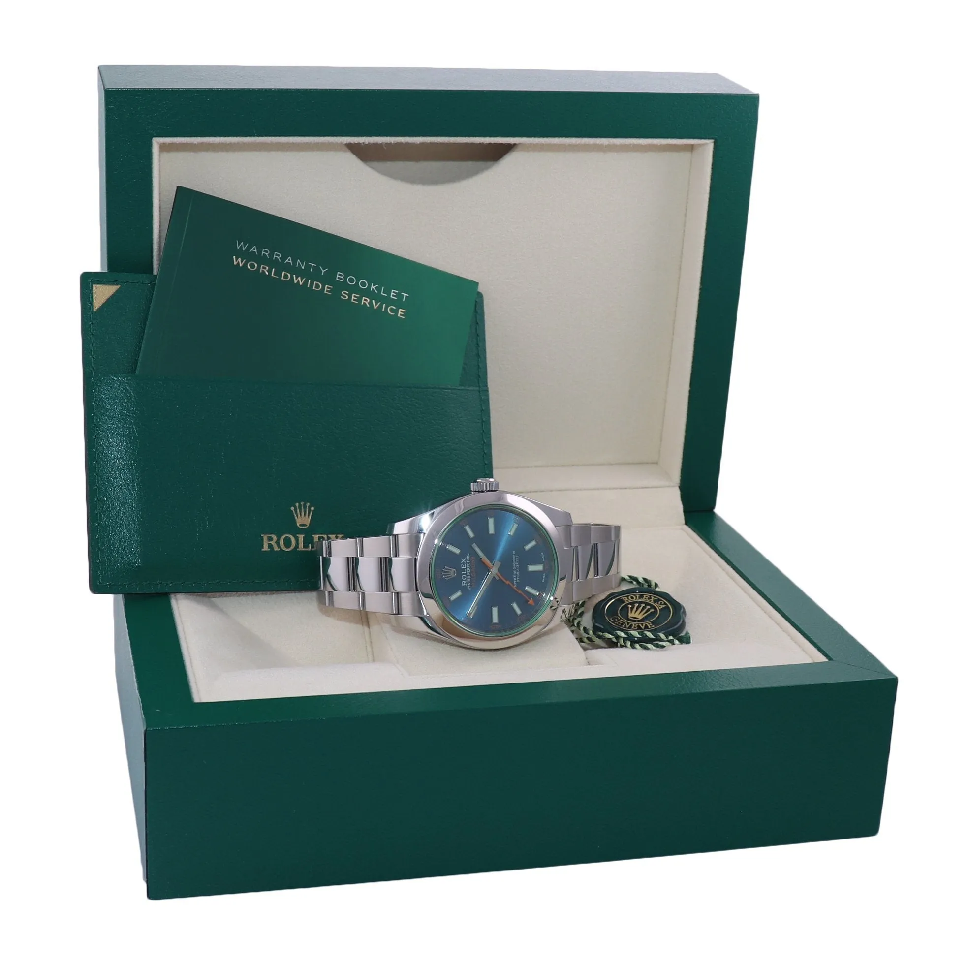 Rolex Milgauss Blue Anniversary Green 116400GV Steel 40mm Watch Box