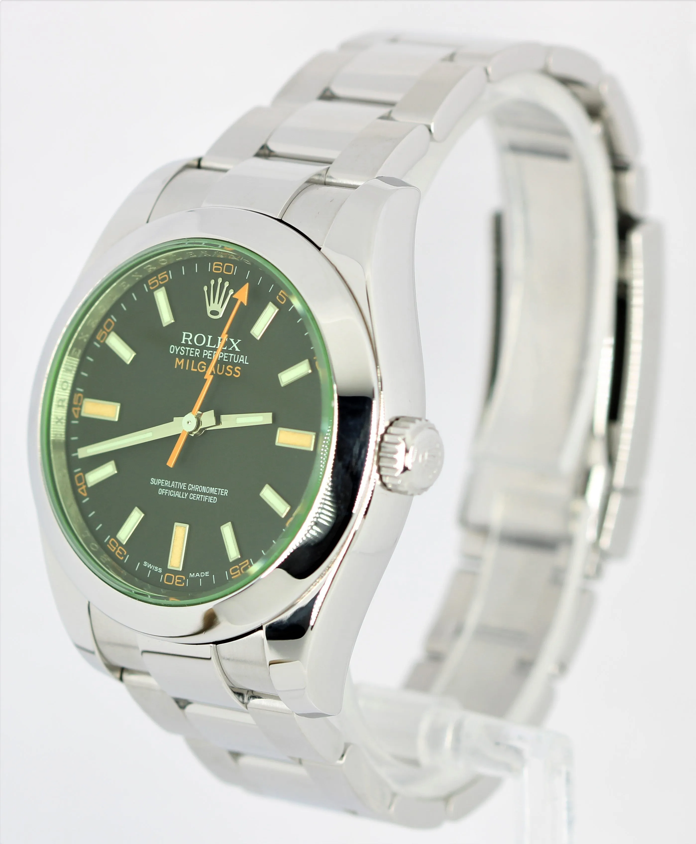 Rolex Milgauss Green Anniversary Crystal Black 40mm Stainless 116400 GV Watch