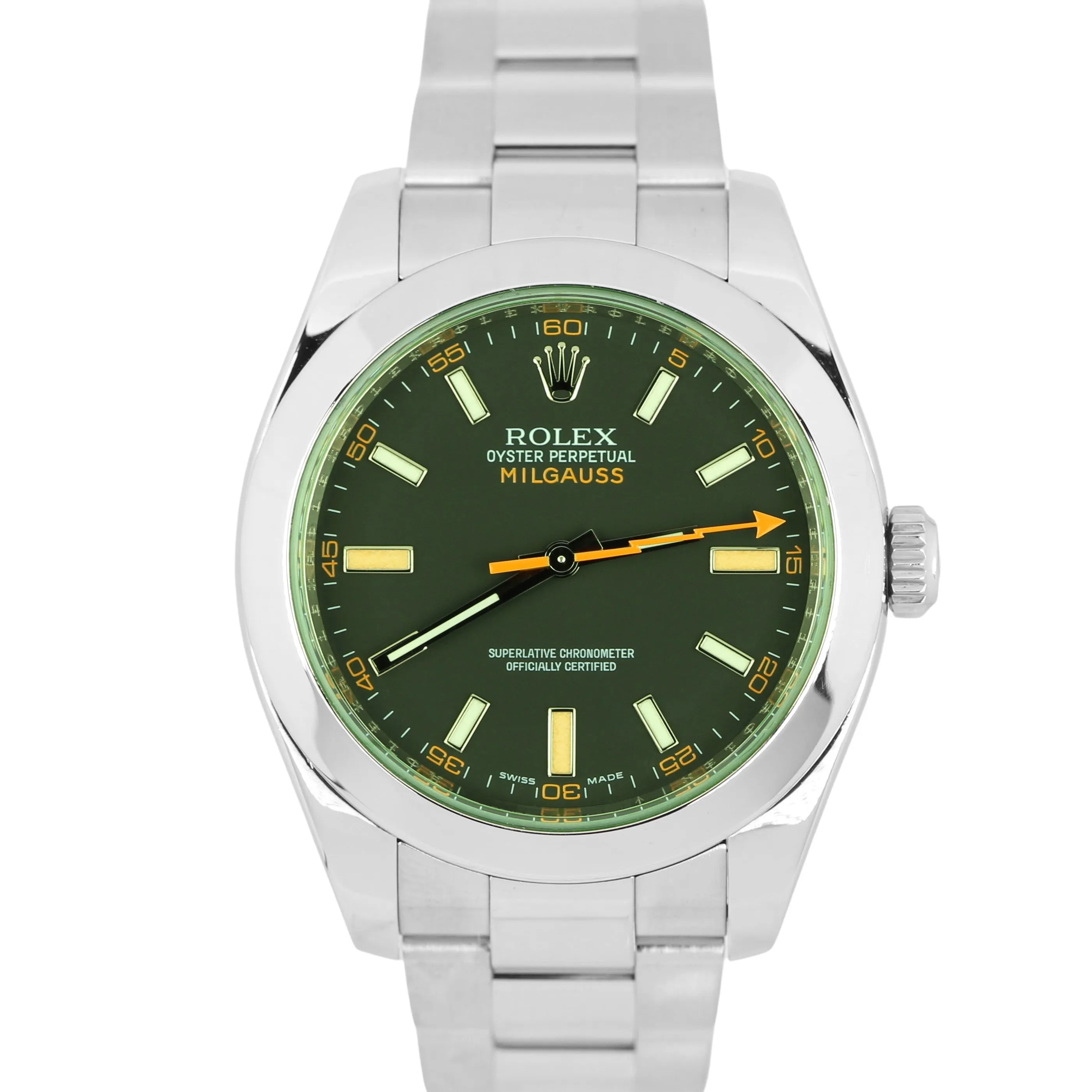 Rolex Milgauss Green Anniversary Crystal Black 40mm Stainless 116400 GV Watch