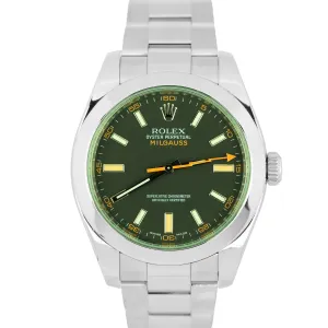 Rolex Milgauss Green Anniversary Crystal Black 40mm Stainless 116400 GV Watch
